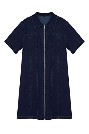 Moda Fit Casual Günlük Comfort Denim Gömlek Yaka Kısa Kol Bodycone Mini Boy Büyük Beden Elbise