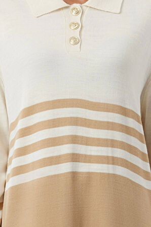 Moda Stil Relaxed Polo Yaka Maxi Boy Tesettür Taş Renk Bloklu Triko Elbise