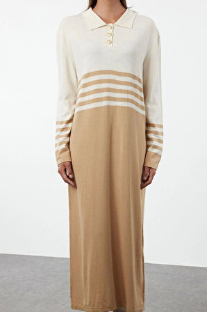 Moda Stil Relaxed Polo Yaka Maxi Boy Tesettür Taş Renk Bloklu Triko Elbise