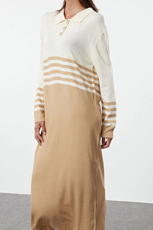 Moda Stil Relaxed Polo Yaka Maxi Boy Tesettür Taş Renk Bloklu Triko Elbise