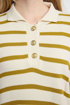 Kadın Modern Tarz Rahat Uzun Polo Yaka Çizgili Kol Regular Triko Kazak