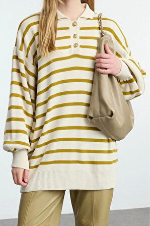 Kadın Modern Tarz Rahat Uzun Polo Yaka Çizgili Kol Regular Triko Kazak