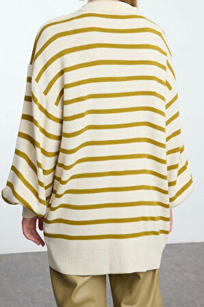 Kadın Modern Tarz Rahat Uzun Polo Yaka Çizgili Kol Regular Triko Kazak