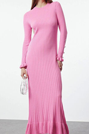 Moda Stil Regular Bisiklet Yaka Maxi Boy Tesettür Eteği Fırfırlı Ribana Triko Elbise