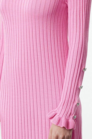 Moda Stil Regular Bisiklet Yaka Maxi Boy Tesettür Eteği Fırfırlı Ribana Triko Elbise