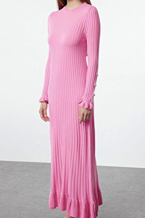 Moda Stil Regular Bisiklet Yaka Maxi Boy Tesettür Eteği Fırfırlı Ribana Triko Elbise