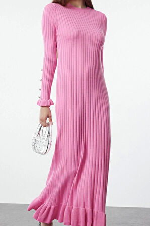 Moda Stil Regular Bisiklet Yaka Maxi Boy Tesettür Eteği Fırfırlı Ribana Triko Elbise