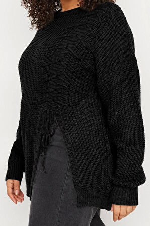 Büyük Beden Kadın Modern Tarz Rahat Uzun Bisiklet Yaka Düz Kol Uzun Triko Kazak