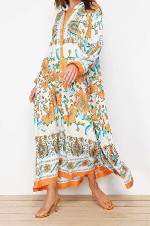 Moda Rahat Casual Günlük Shally Dokuma Hakim Yaka Uzun Kol A-Line Maxi Boy Tesettür Elbise