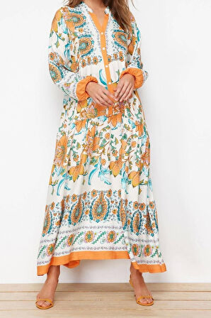 Moda Rahat Casual Günlük Shally Dokuma Hakim Yaka Uzun Kol A-Line Maxi Boy Tesettür Elbise