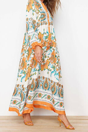 Moda Rahat Casual Günlük Shally Dokuma Hakim Yaka Uzun Kol A-Line Maxi Boy Tesettür Elbise