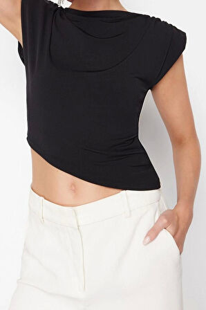 Stil Kadın Asimetrik Vatkalı Bluz Regular Örme Fitted Kalıp