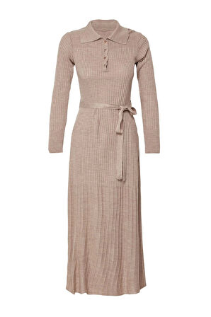 Moda Fit Casual Günlük Ribana Kaşkorse Triko Polo Yaka Uzun Kol Balık Maxi Boy Tesettür Elbise