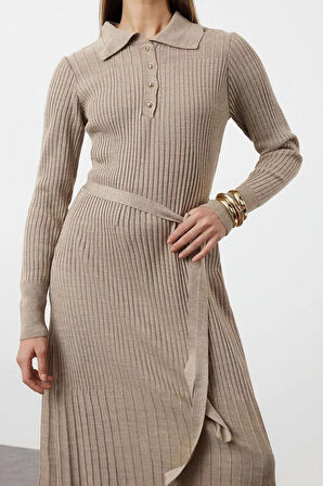 Moda Fit Casual Günlük Ribana Kaşkorse Triko Polo Yaka Uzun Kol Balık Maxi Boy Tesettür Elbise