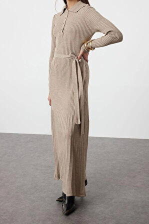 Moda Fit Casual Günlük Ribana Kaşkorse Triko Polo Yaka Uzun Kol Balık Maxi Boy Tesettür Elbise