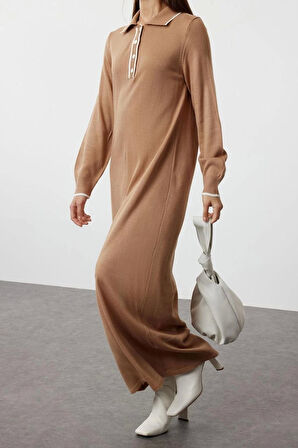 Moda Rahat Casual Günlük Tek Plaka Triko Bisiklet Yaka Uzun Kol Shift Maxi Boy Tesettür Elbise