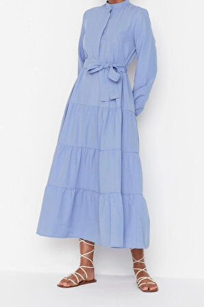 Moda Rahat Casual Günlük Terrycotton Dokuma Dik Yaka Uzun Kol Basic Maxi Boy Tesettür Elbise