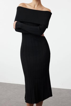 Moda Stil Regular Carmen Yaka Midi Boy Triko Basic Elbise