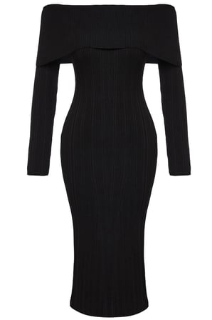 Moda Stil Regular Carmen Yaka Midi Boy Triko Basic Elbise