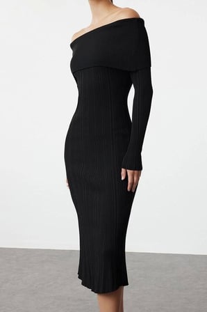 Moda Stil Regular Carmen Yaka Midi Boy Triko Basic Elbise