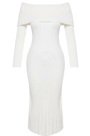 Moda Stil Regular Carmen Yaka Midi Boy Triko Basic Elbise