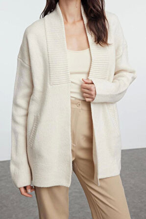 Kadın Modern Tarz Oversize Şal Yaka Midi Triko Hırka