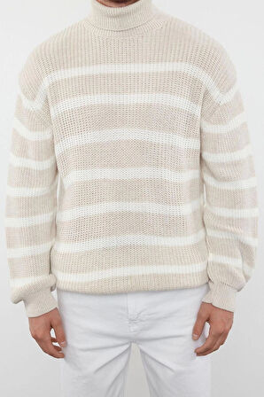 Stil Modern Unisex Regular Düşük Kol Balıkçı Yaka Casual Unisex Fit Geniş Kalıp Çizgili Triko Kazak