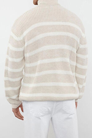 Stil Modern Unisex Regular Düşük Kol Balıkçı Yaka Casual Unisex Fit Geniş Kalıp Çizgili Triko Kazak