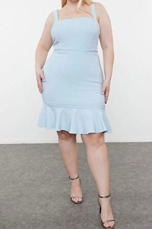 Moda Fit Casual Günlük Finike Dokuma Kare Yaka Truvakar Kol Kol Bodycone Mini Boy Büyük Beden Elbise