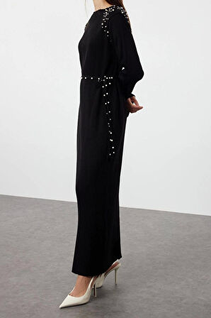 Moda Regular Günlük Ribana Kaşkorse Triko Bisiklet Yaka Uzun Kol Shift Maxi Boy Tesettür Elbise