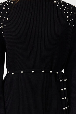 Moda Regular Günlük Ribana Kaşkorse Triko Bisiklet Yaka Uzun Kol Shift Maxi Boy Tesettür Elbise