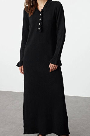 Moda Stil Relaxed V Yaka Maxi Boy Tesettür İnci Detaylı Yumuşak Dokulu Triko Elbise