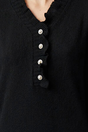 Moda Stil Relaxed V Yaka Maxi Boy Tesettür İnci Detaylı Yumuşak Dokulu Triko Elbise