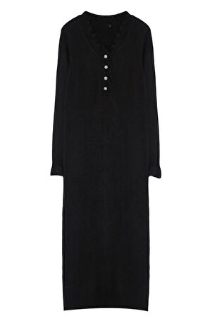 Moda Stil Relaxed V Yaka Maxi Boy Tesettür İnci Detaylı Yumuşak Dokulu Triko Elbise