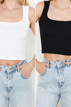 Moda Kare Yaka Örme Slim Düz Desen Casual Günlük Crop Kolsuz Bluz