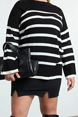 Stil Modern Kadın Regular Standart Kol Gömlek Yaka Büyük Beden Çizgili Bisiklet Yaka Triko Kazak