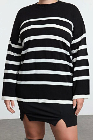 Stil Modern Kadın Regular Standart Kol Gömlek Yaka Büyük Beden Çizgili Bisiklet Yaka Triko Kazak