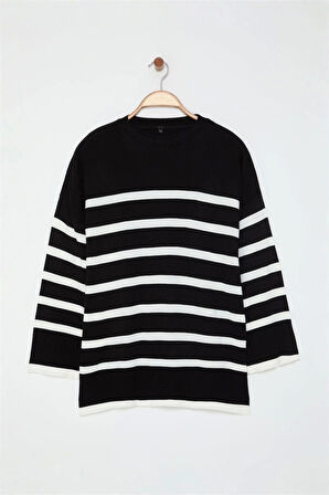 Stil Modern Kadın Regular Standart Kol Gömlek Yaka Büyük Beden Çizgili Bisiklet Yaka Triko Kazak