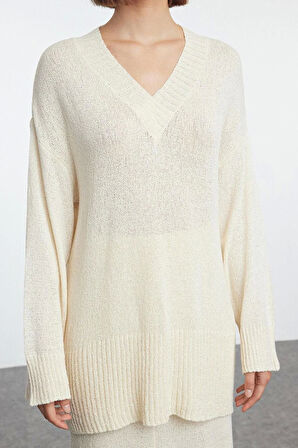 Tarz Kadın Modern Moda Normal Bel Boru Paça V Yaka Premium Kalite Triko Alt-Üst Takım