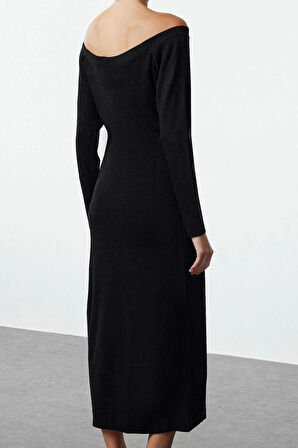 Moda Stil Regular Kayık Yaka Midi Boy Triko Elbise