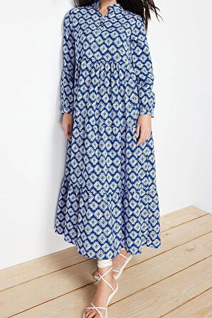 Moda Regular Casual Günlük Lilyum Dokuma Gömlek Yaka Uzun Kol A-Line Maxi Boy Tesettür Elbise