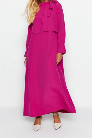 Moda Regular Günlük Terryviskon Dokuma Boyundan Bağlamalı Uzun Kol A-Line Maxi Boy Tesettür Elbise