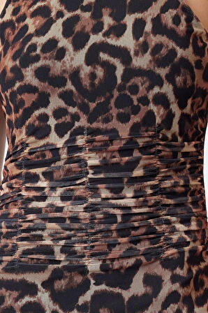 Moda Fitted Halter Yaka Midi Boy Kahverengi Çok Renkli Leopar Örme Tül Şık Abiye Elbise