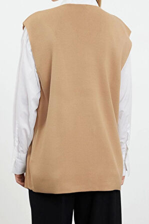 Kadın Modern Tarz Rahat Uzun V Yaka Düz Kol Regular Triko Süveter Yelek