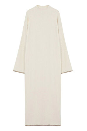 Moda Stil Relaxed Bisiklet Yaka Maxi Boy Tesettür Dikiş Detaylı Uzun Triko Elbise