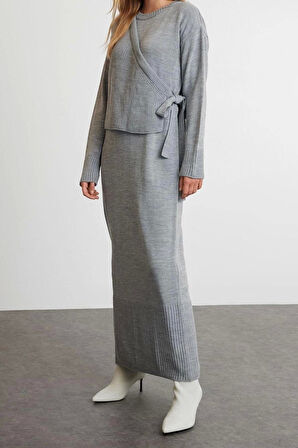 Tarz Kadın Modern Moda Normal Bel Boru Paça Dik Yaka Triko Hırka Elbise Alt-Üst Takım