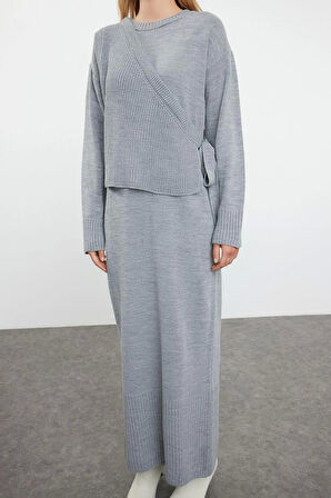 Tarz Kadın Modern Moda Normal Bel Boru Paça Dik Yaka Triko Hırka Elbise Alt-Üst Takım