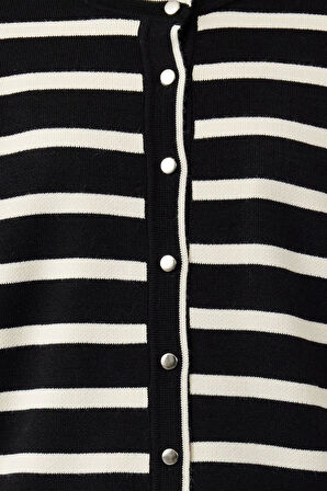 Kadın Modern Tarz Rahat Uzun Bisiklet Yaka Çizgili Kol Regular Triko Hırka