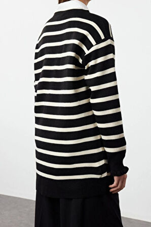 Kadın Modern Tarz Rahat Uzun Bisiklet Yaka Çizgili Kol Regular Triko Hırka