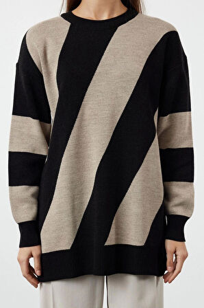 Kadın Modern Tarz Rahat Uzun Bisiklet Yaka Renk Bloklu Kol Regular Triko Kazak